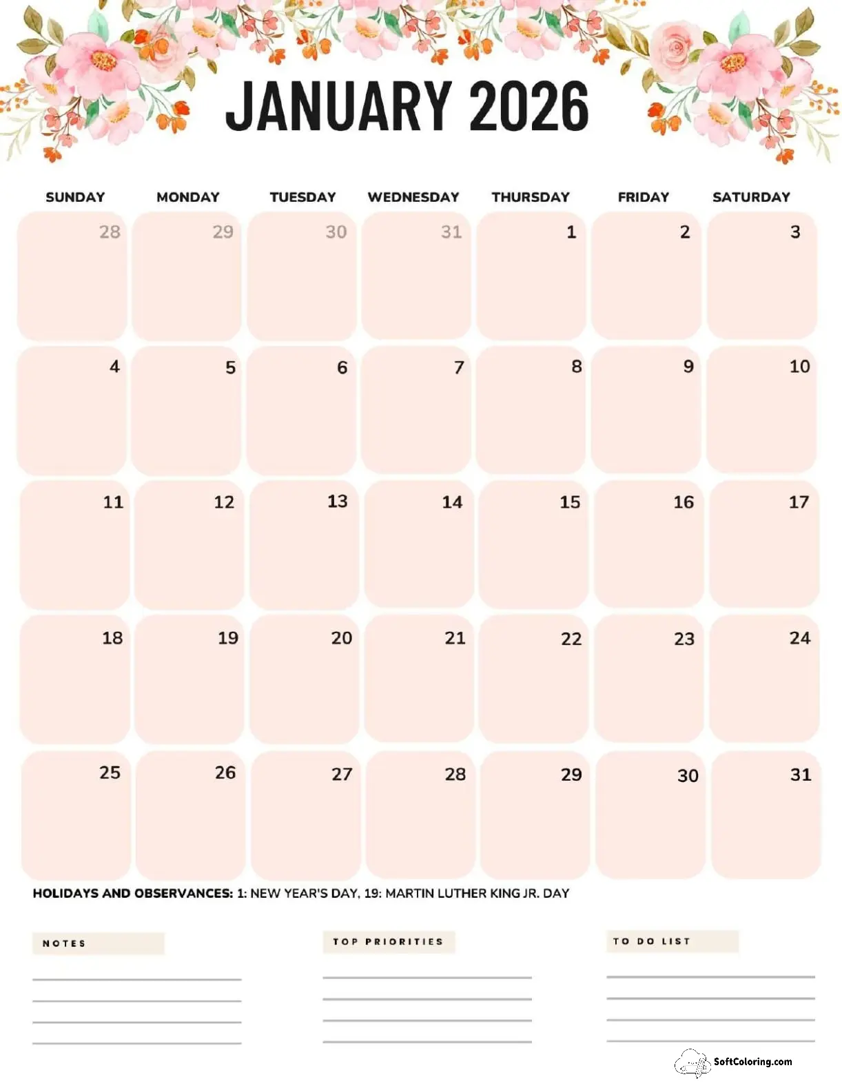 January 2026 Calendar Printable Flowers Portrait