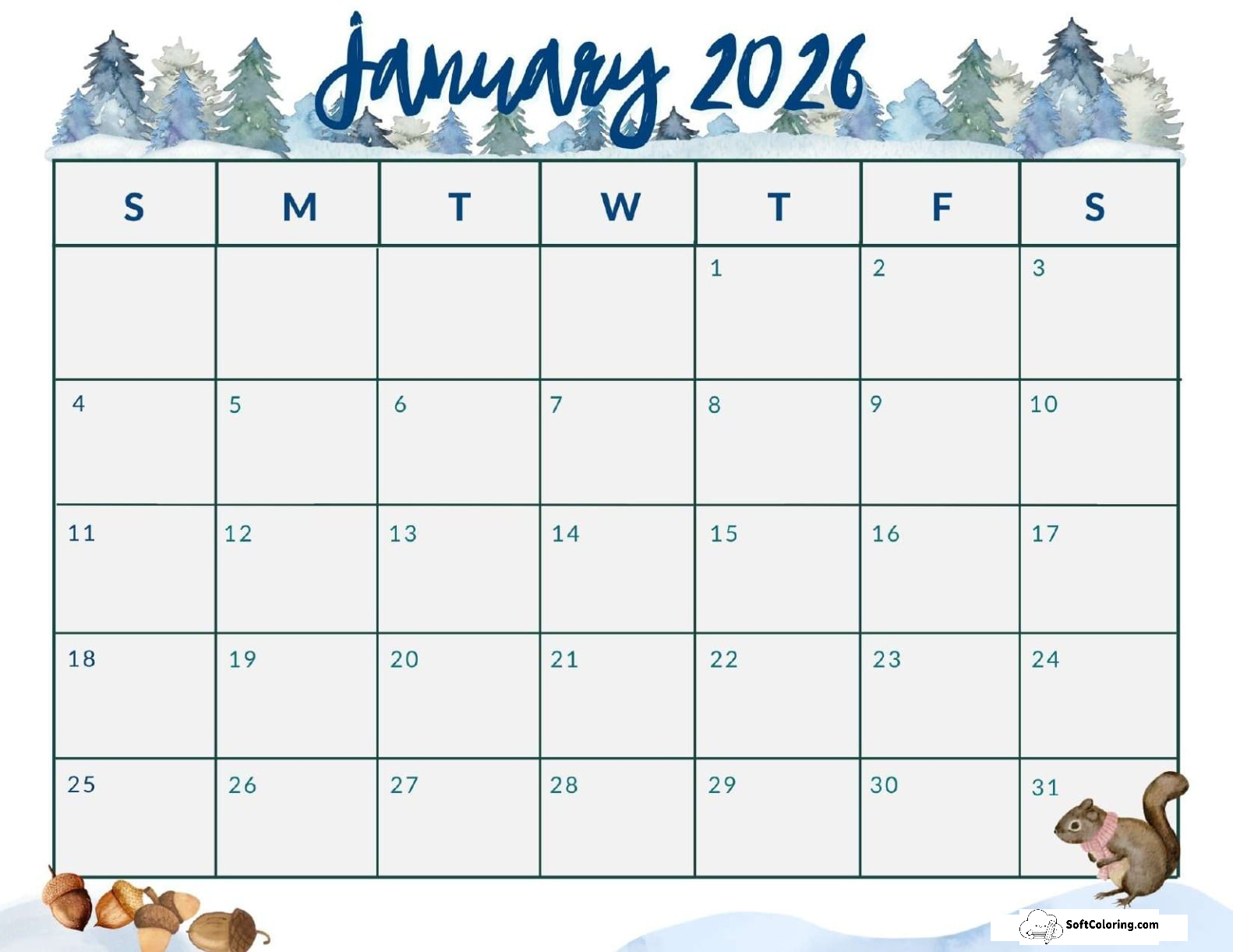 January 2026 Calendar Printable Forest Landscape