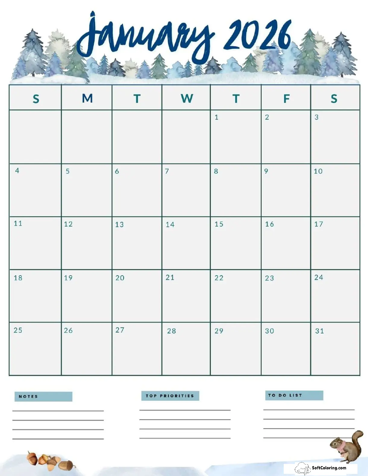 January 2026 Calendar Printable Forest Portrait