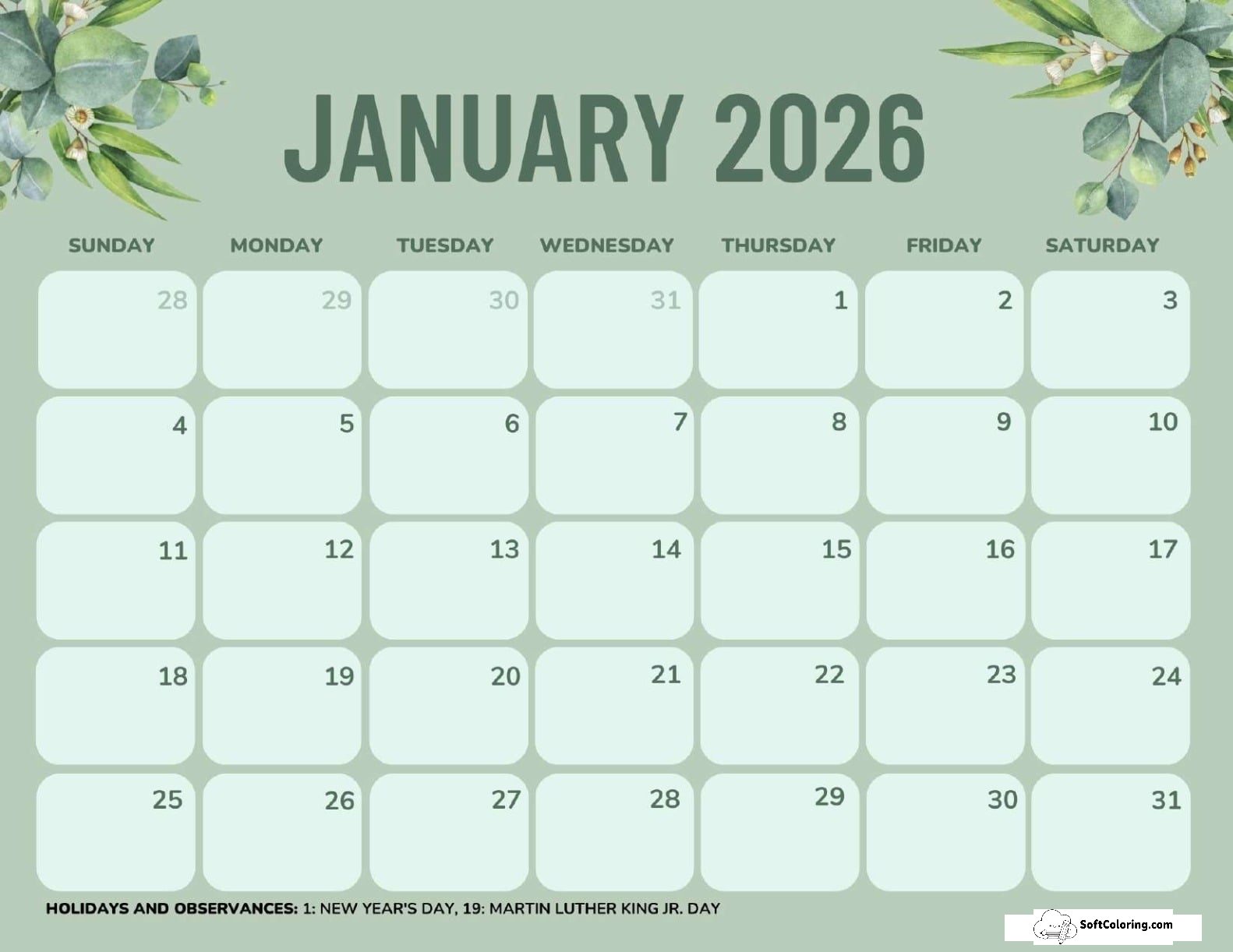 January 2026 Calendar Printable Green Landscape