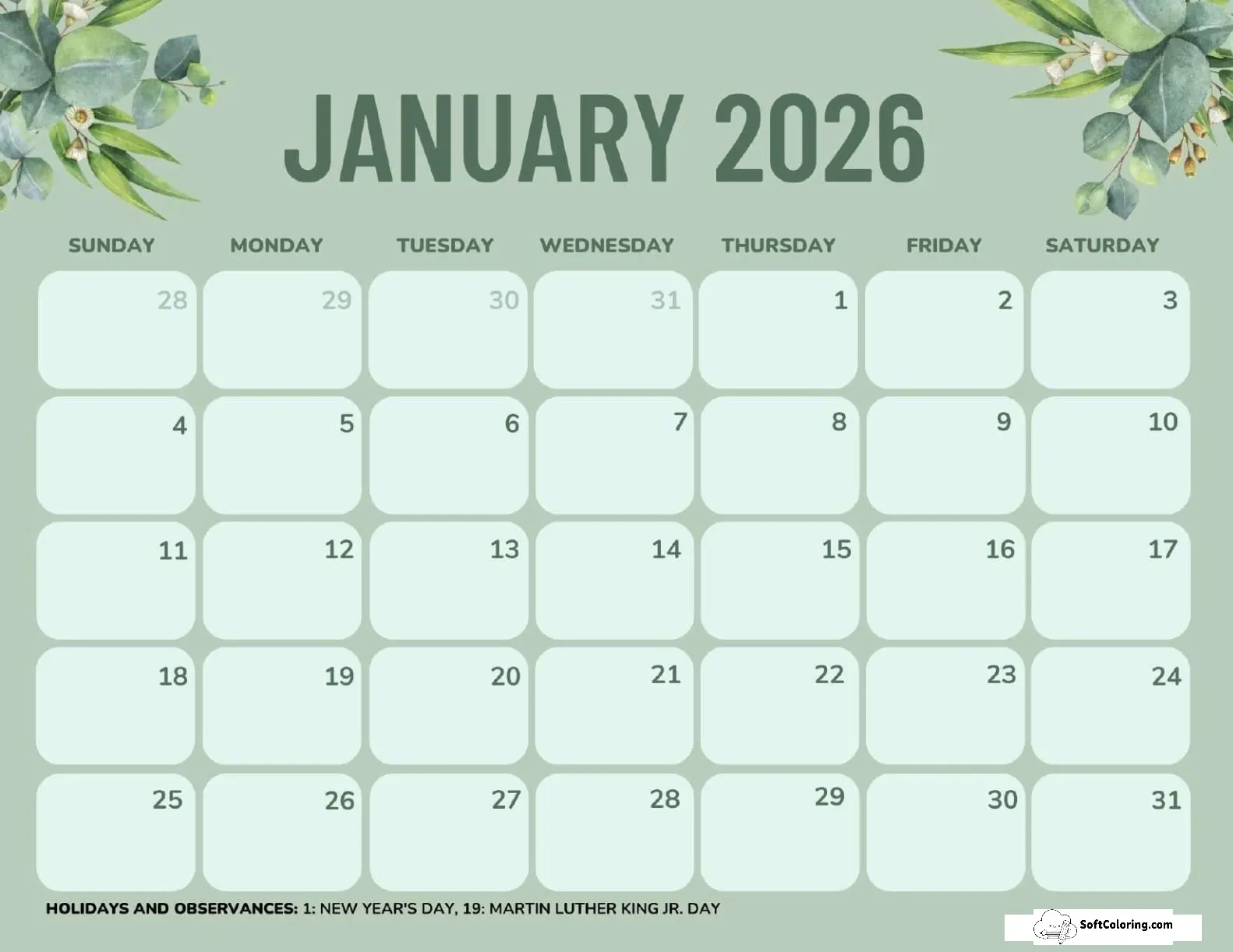 January 2026 Calendar Printable Green Landscape