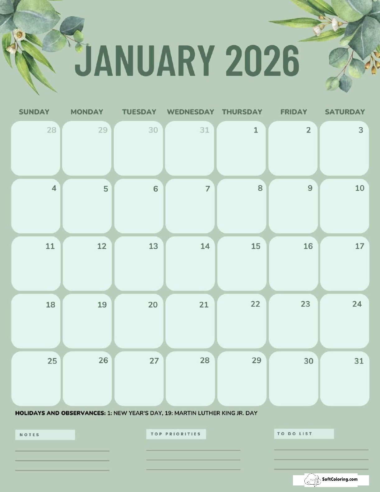 January 2026 Calendar Printable Green Portrait