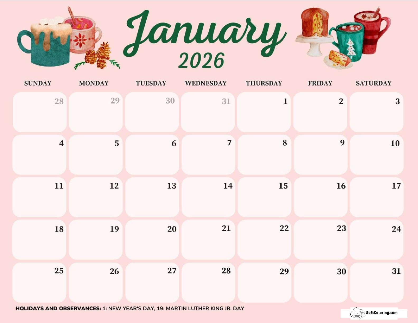 January 2026 Calendar Printable Hot Chocolate Landscape