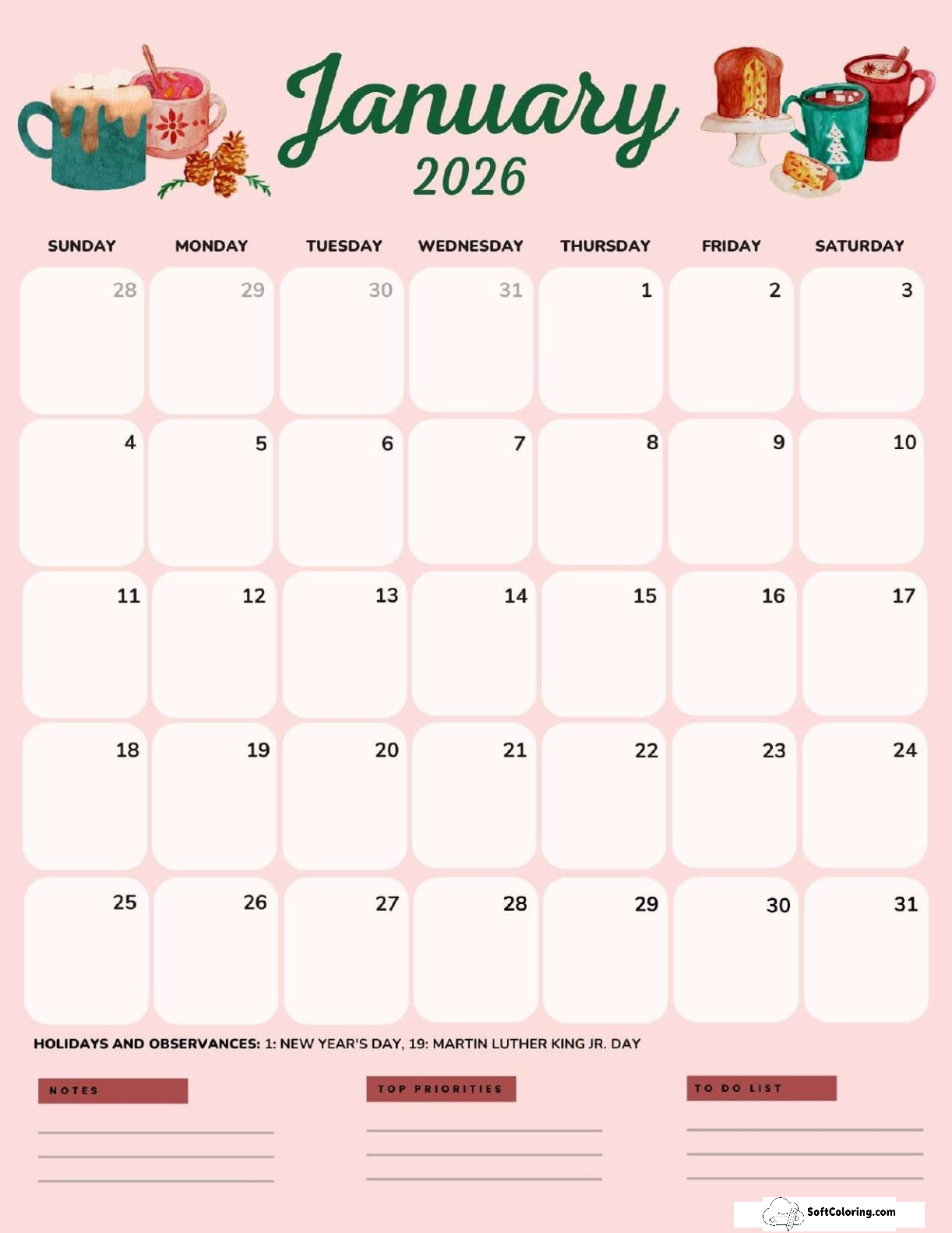 January 2026 Calendar Printable Hot Chocolate Portrait