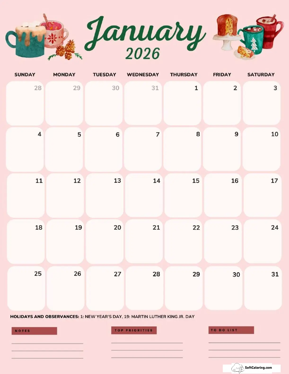 January 2026 Calendar Printable Hot Chocolate Portrait