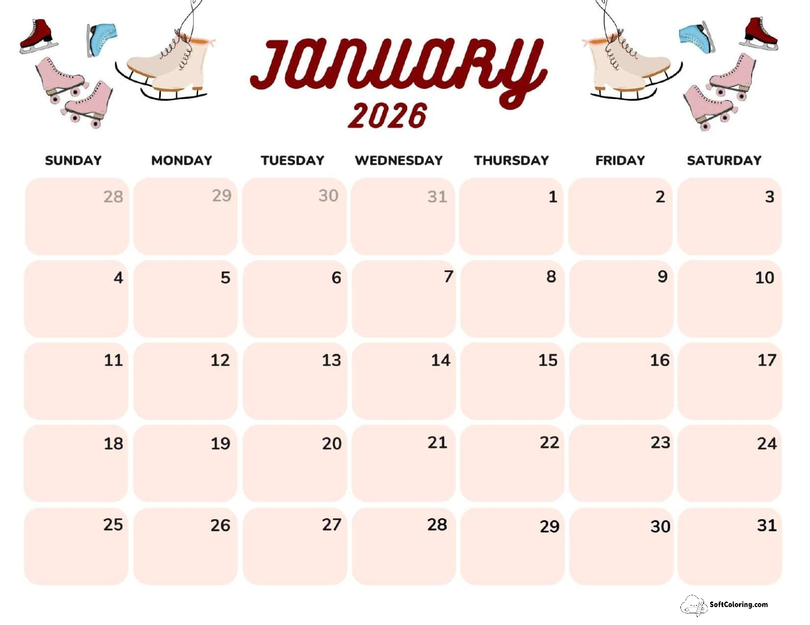 January 2026 Calendar Printable Ice Skates Landscape