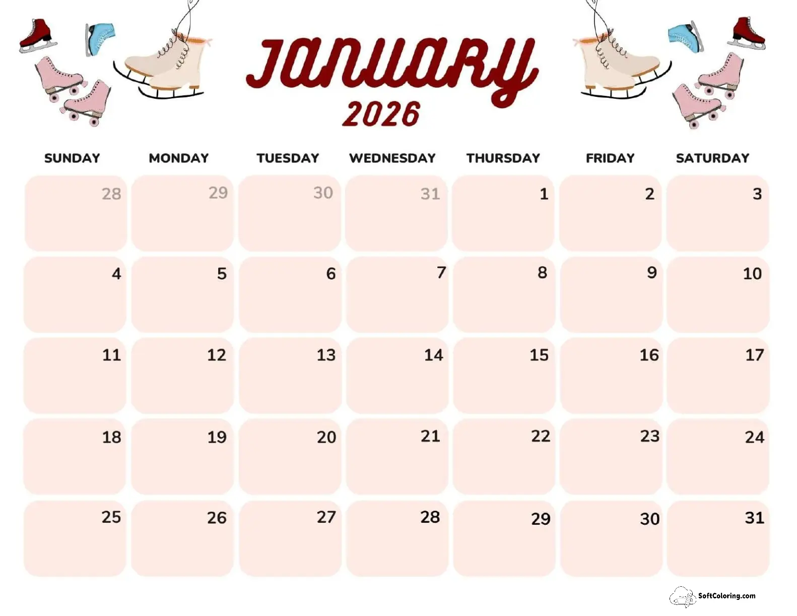 January 2026 Calendar Printable Ice Skates Landscape