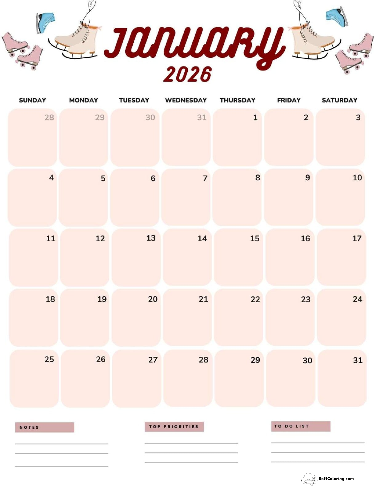 January 2026 Calendar Printable Ice Skates Portrait