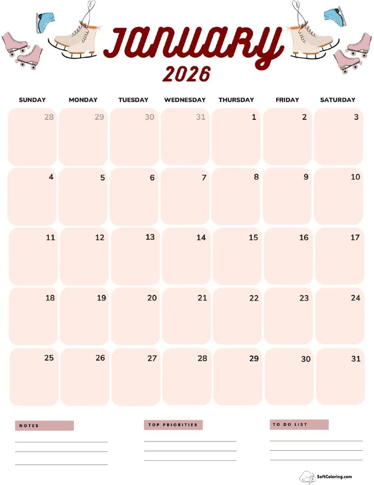 January 2026 Calendar Printable Ice Skates Portrait