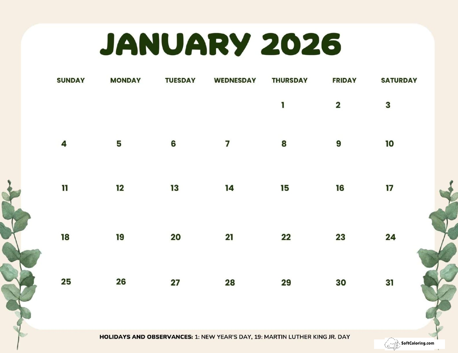 January 2026 Calendar Printable Leaves Landscape