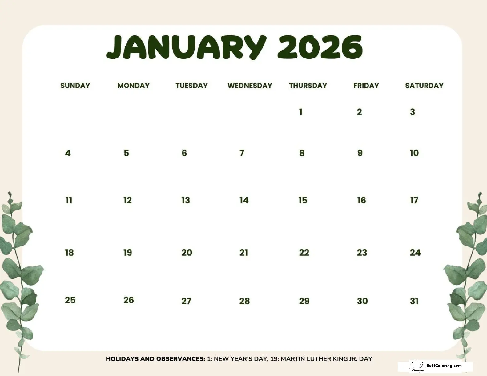 January 2026 Calendar Printable Leaves Landscape