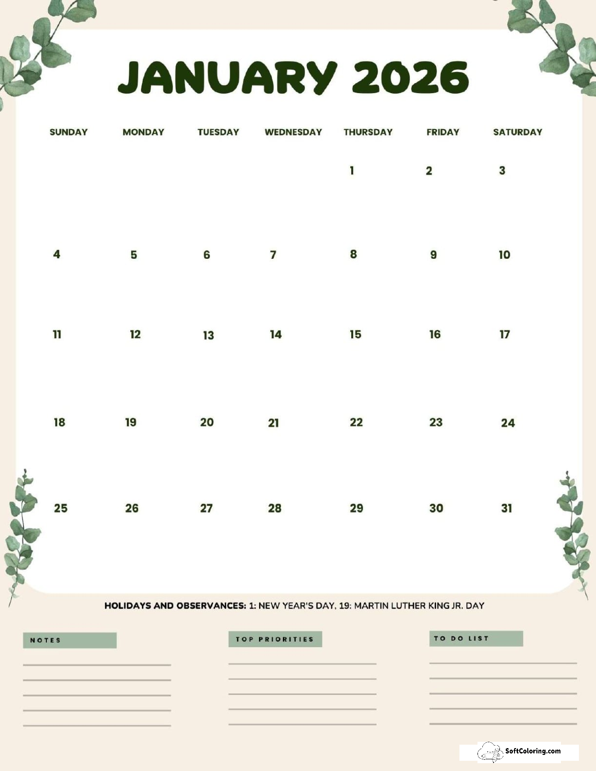 January 2026 Calendar Printable Leaves Portrait