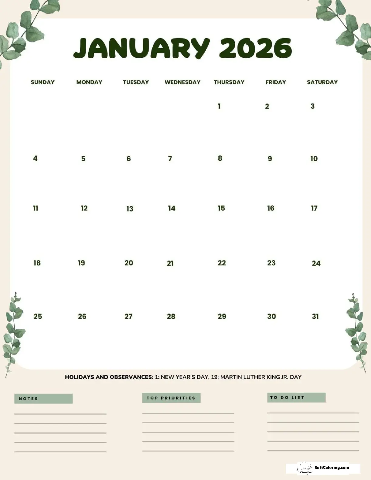 January 2026 Calendar Printable Leaves Portrait