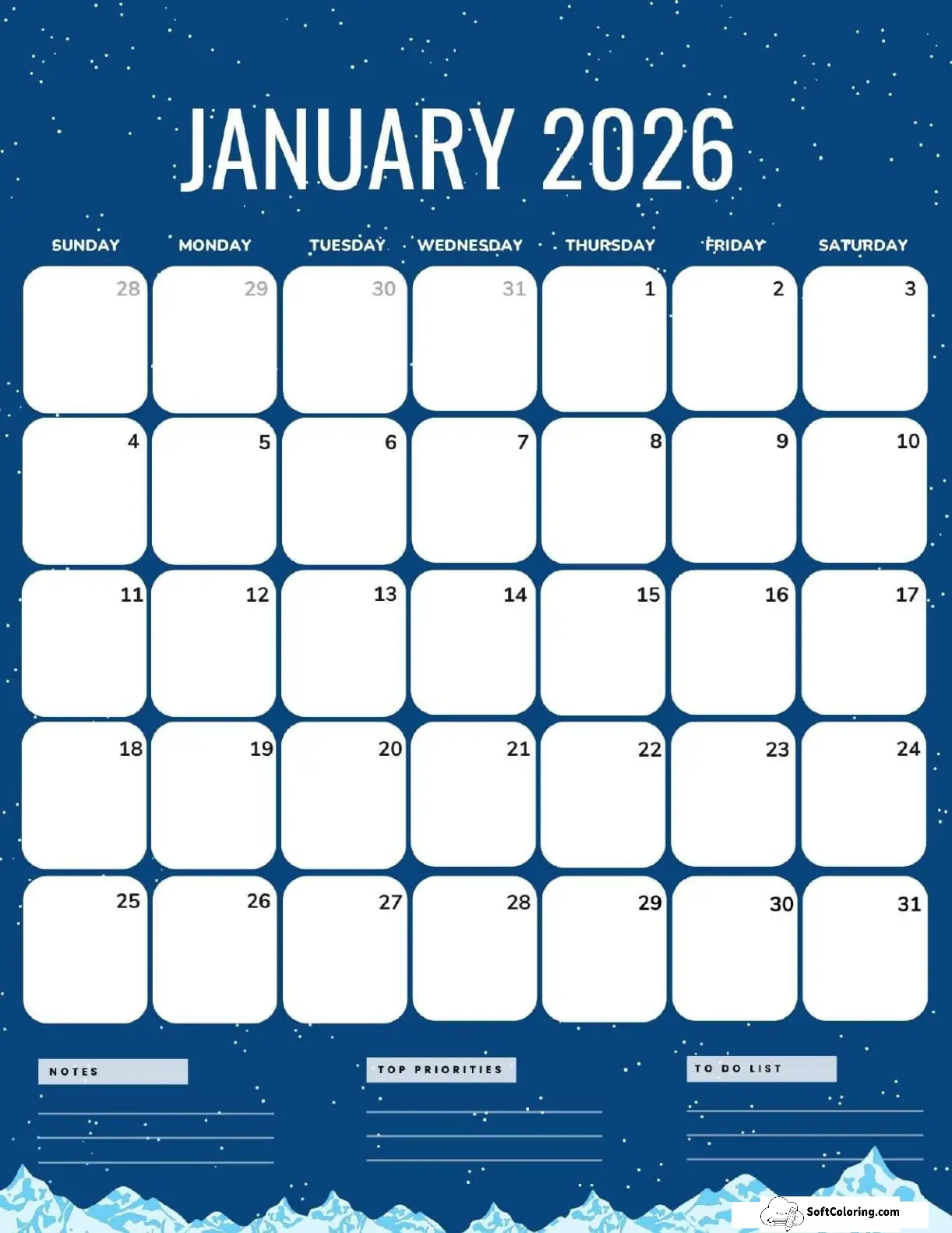 January 2026 Calendar Printable Midnight Portrait