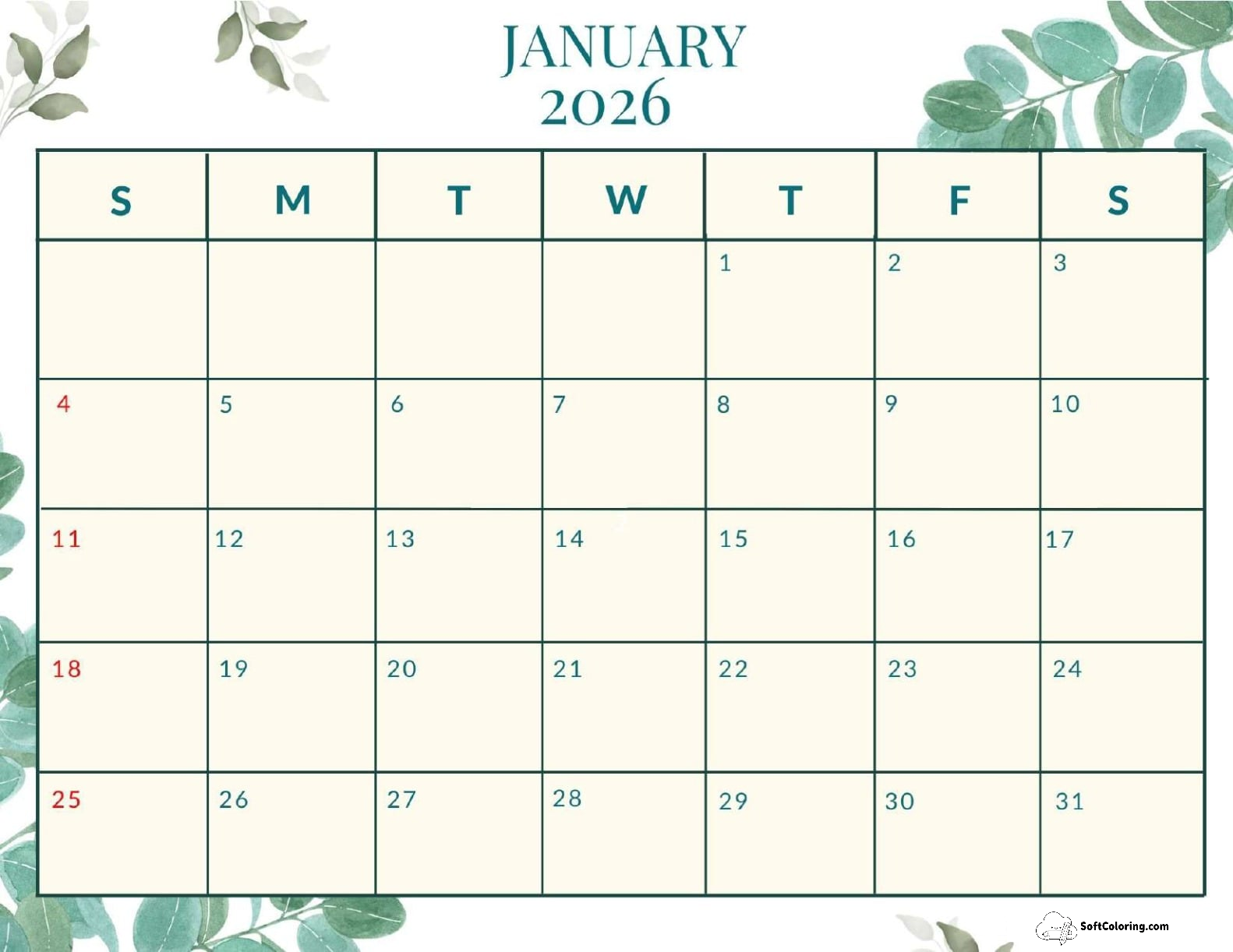 January 2026 Calendar Printable Nature Landscape