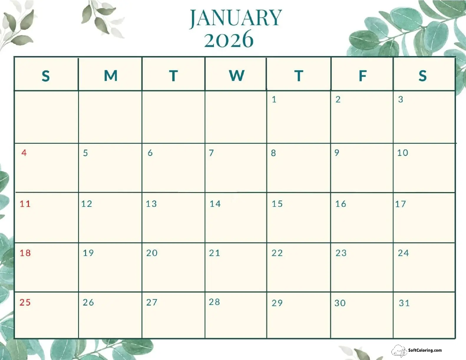 January 2026 Calendar Printable Nature Landscape