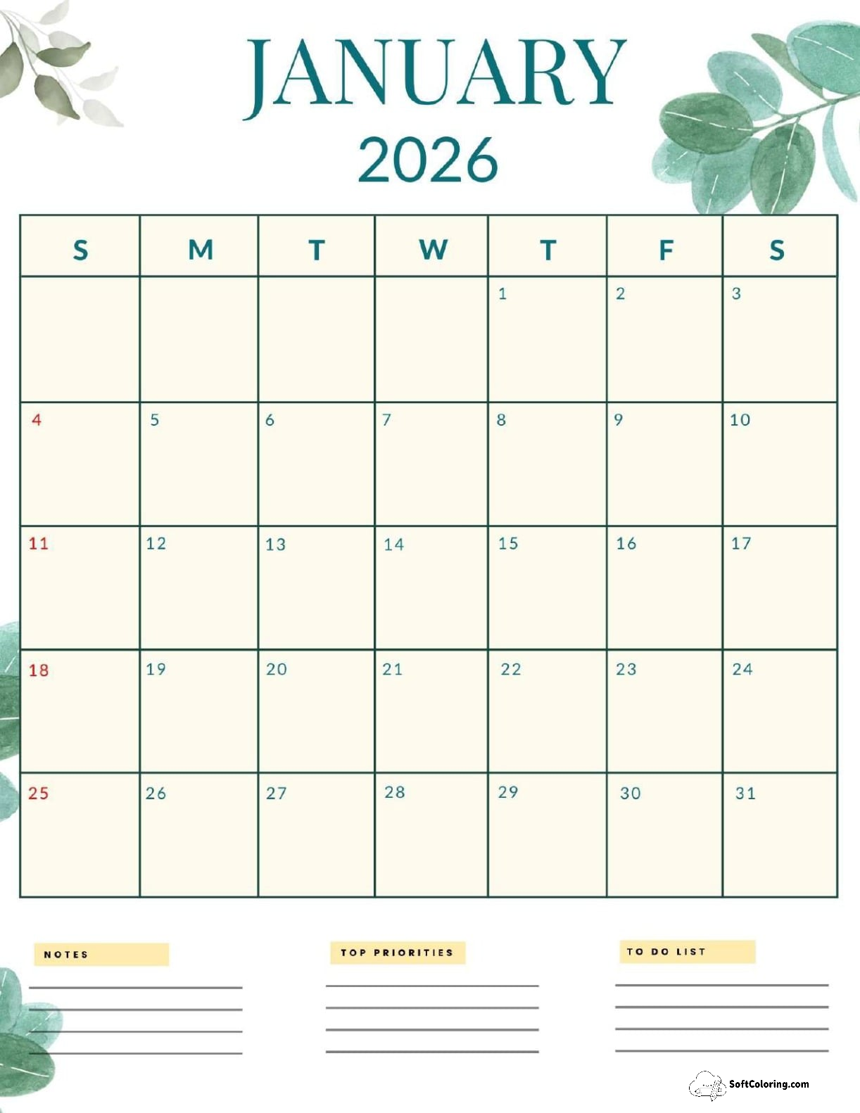 January 2026 Calendar Printable Nature Portrait