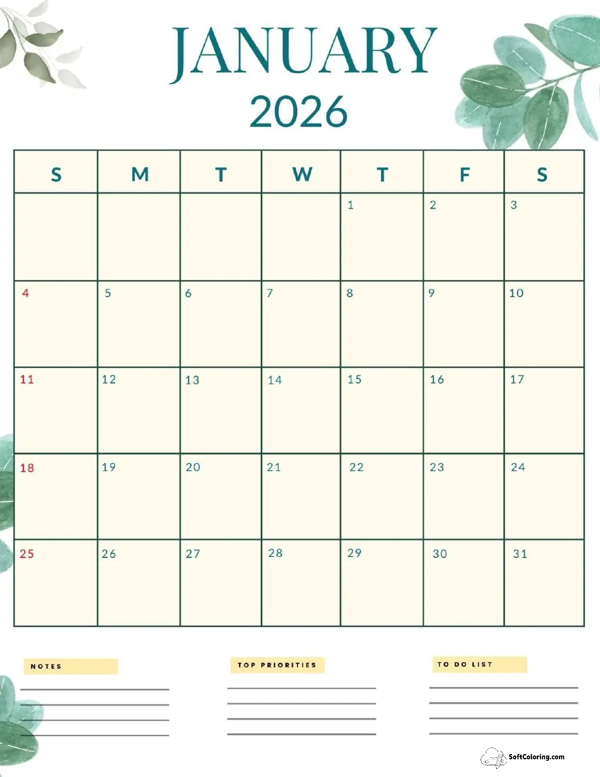 January 2026 Calendar Printable Nature Portrait