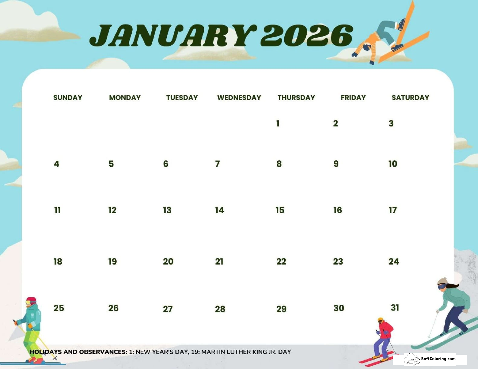 January 2026 Calendar Printable Ski Landscape