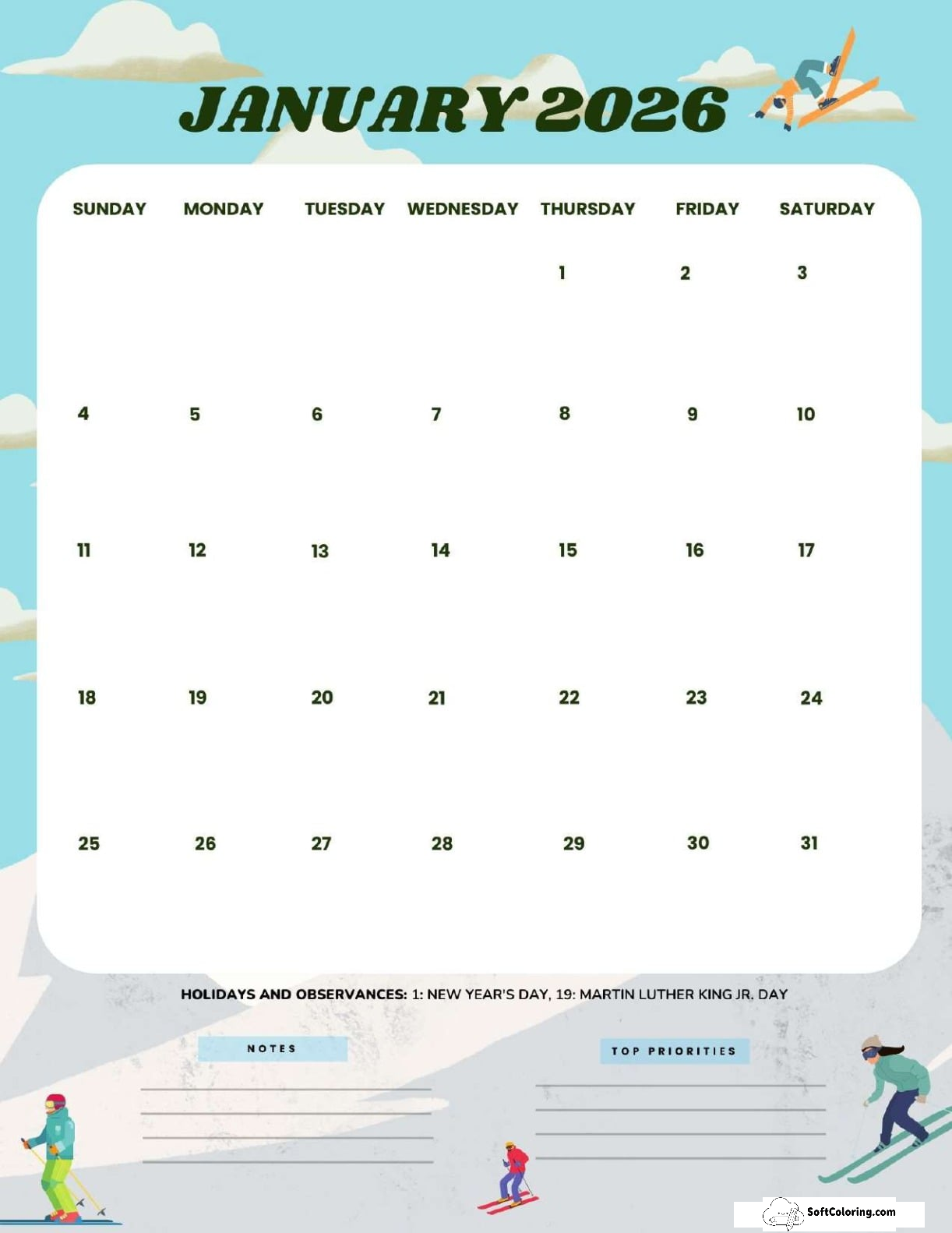 January 2026 Calendar Printable Ski Portrait