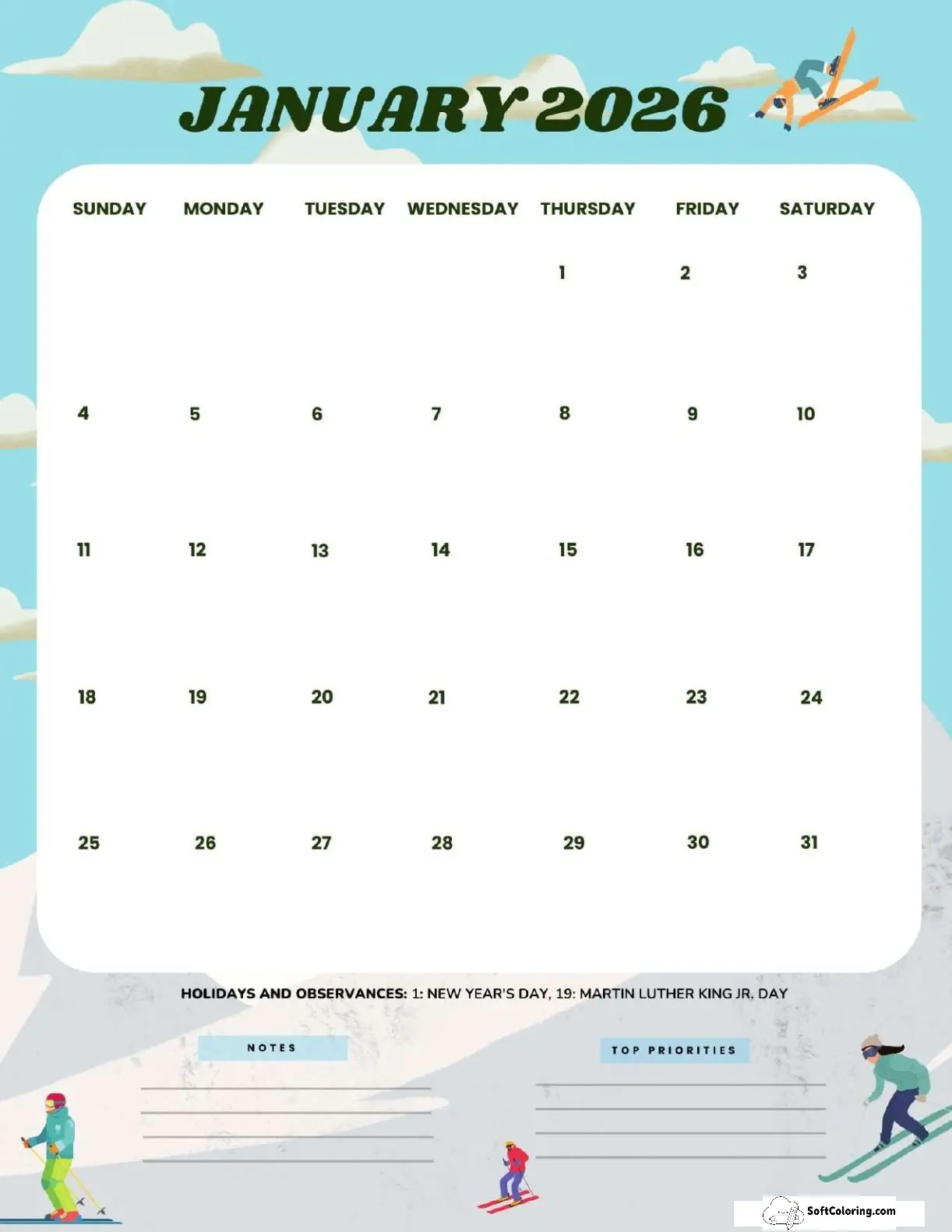 January 2026 Calendar Printable Ski Portrait
