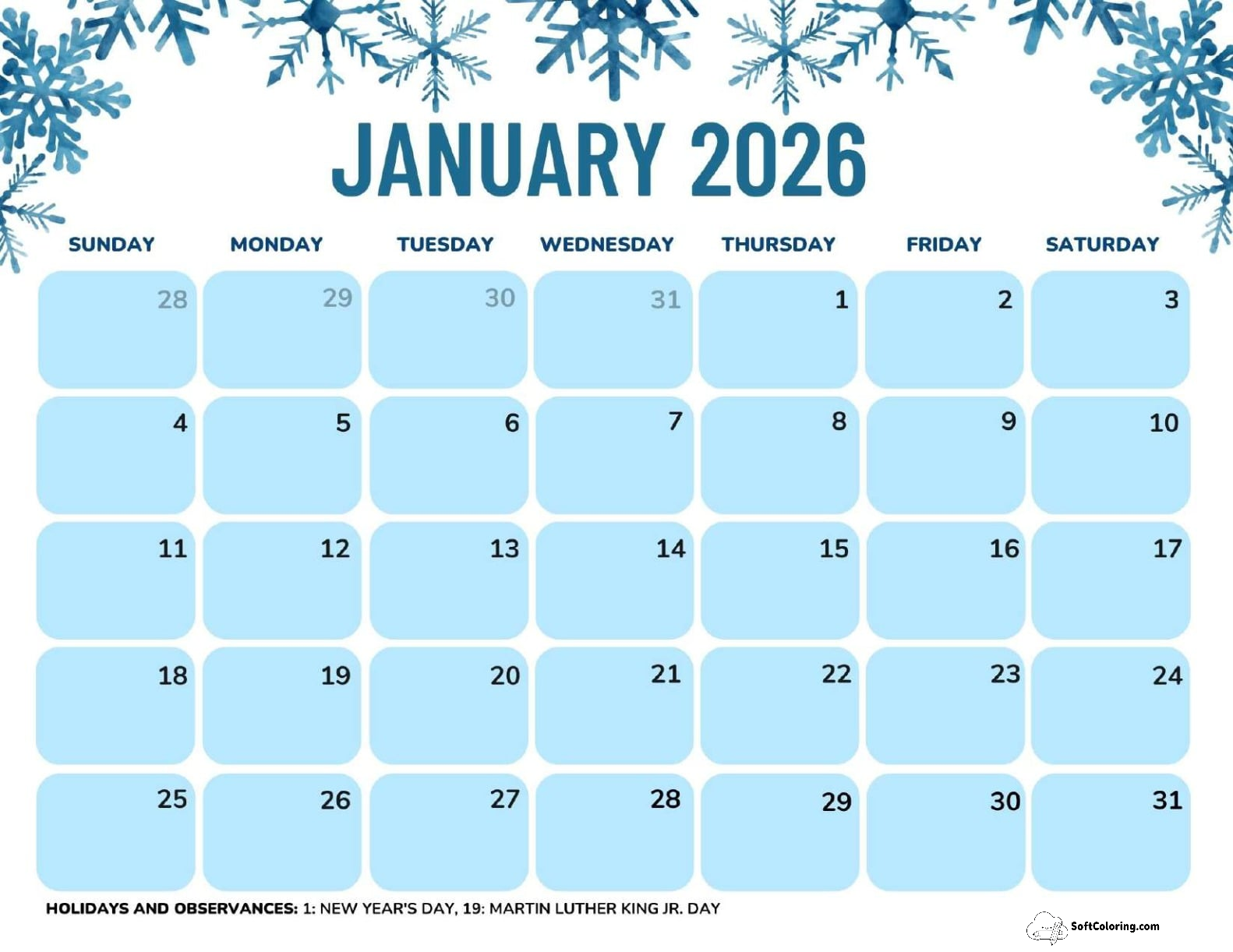 January 2026 Calendar Printable Snowflakes Landscape