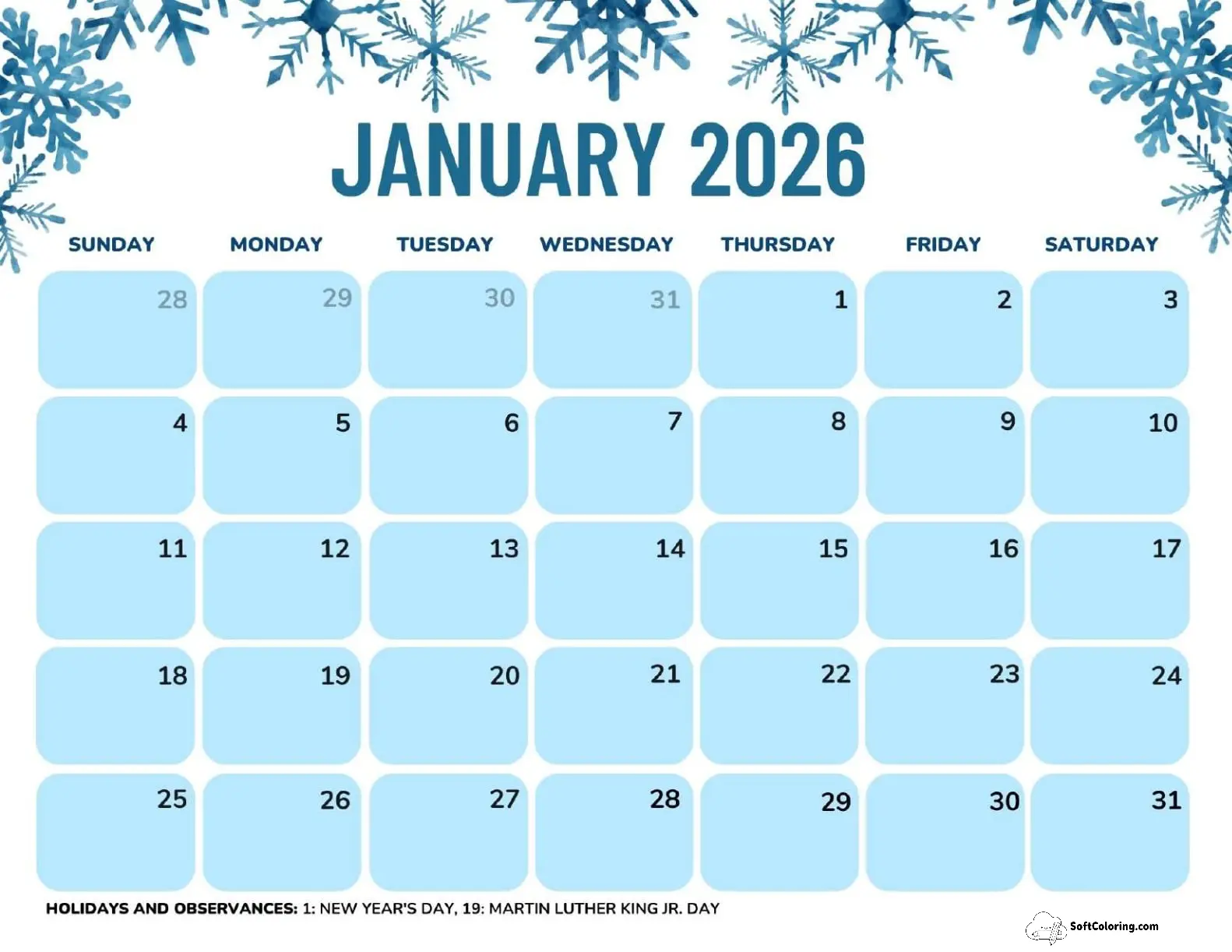 January 2026 Calendar Printable Snowflakes Landscape