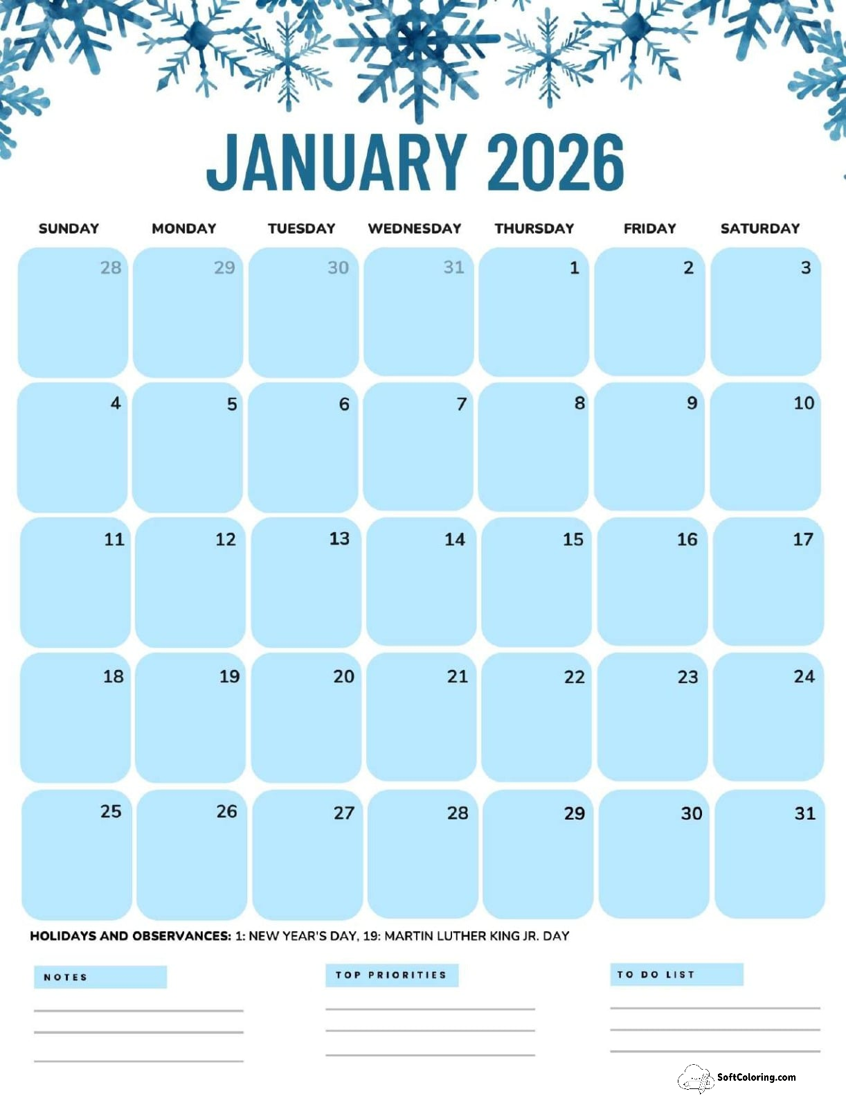 January 2026 Calendar Printable Snowflakes Portrait