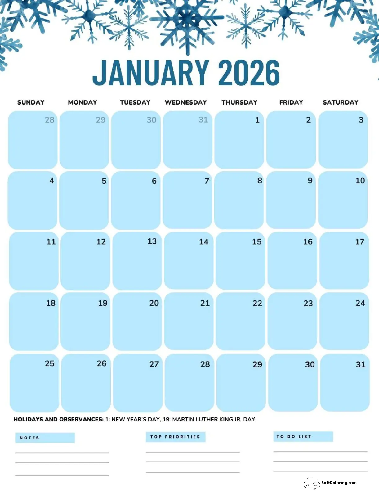 January 2026 Calendar Printable Snowflakes Portrait