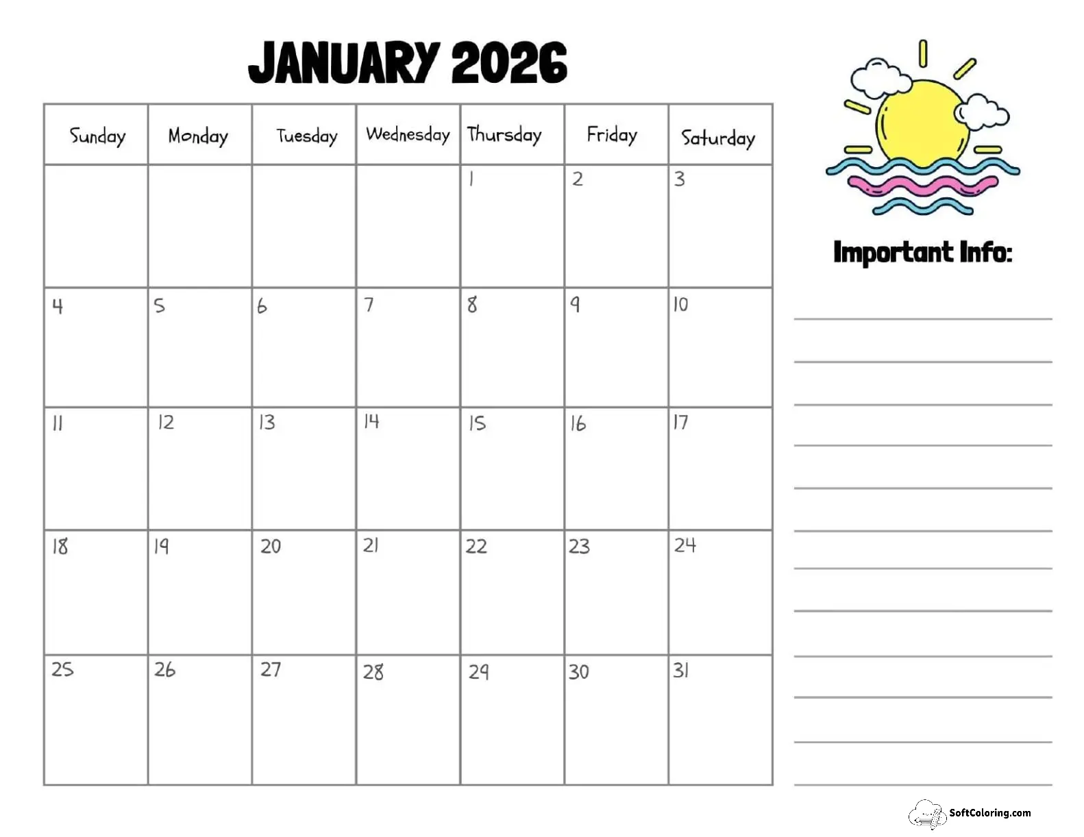 January 2026 Calendar Printable Sun Landscape