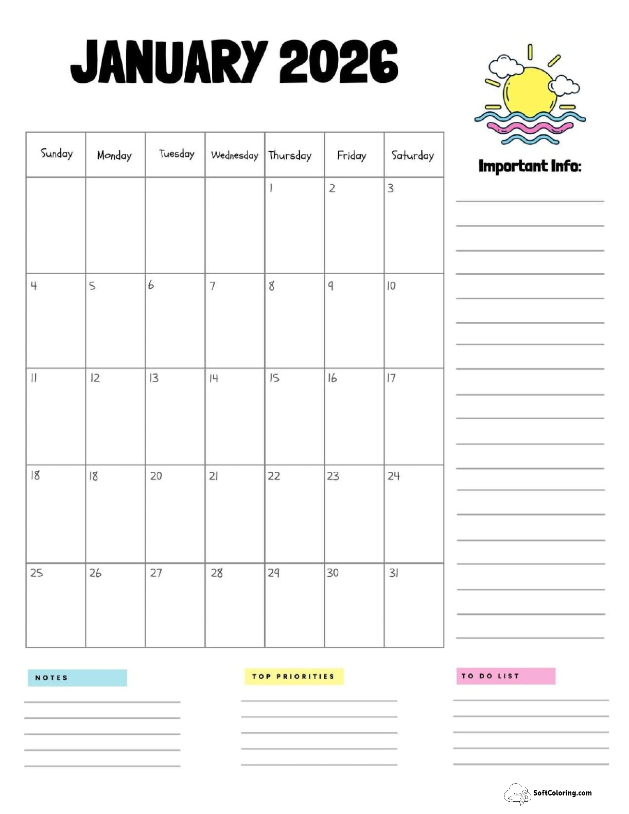January 2026 Calendar Printable Sun Portrait