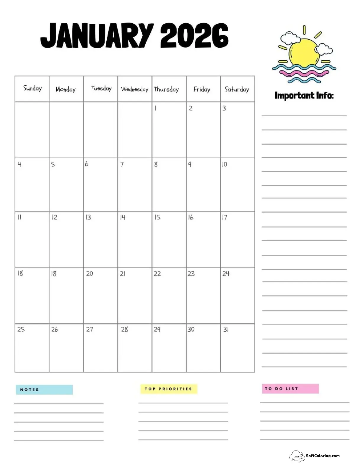 January 2026 Calendar Printable Sun Portrait
