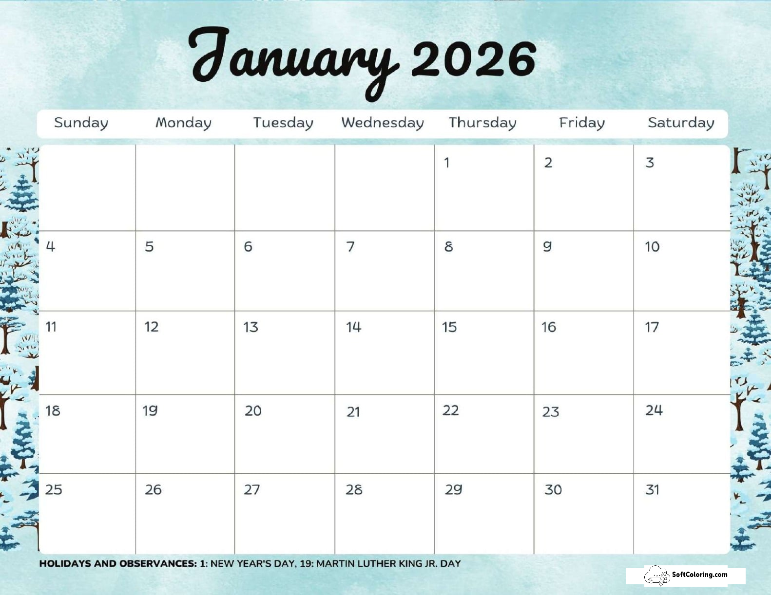 January 2026 Calendar Printable Trees Landscape