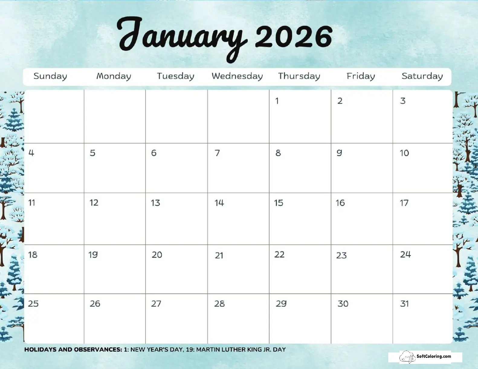 January 2026 Calendar Printable Trees Landscape