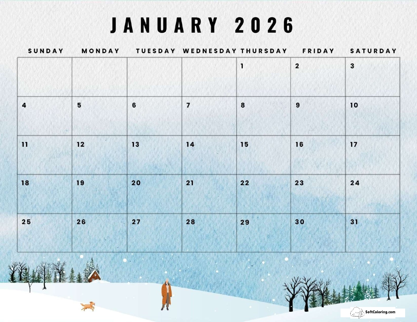 January 2026 Calendar Printable Watercolor Landscape