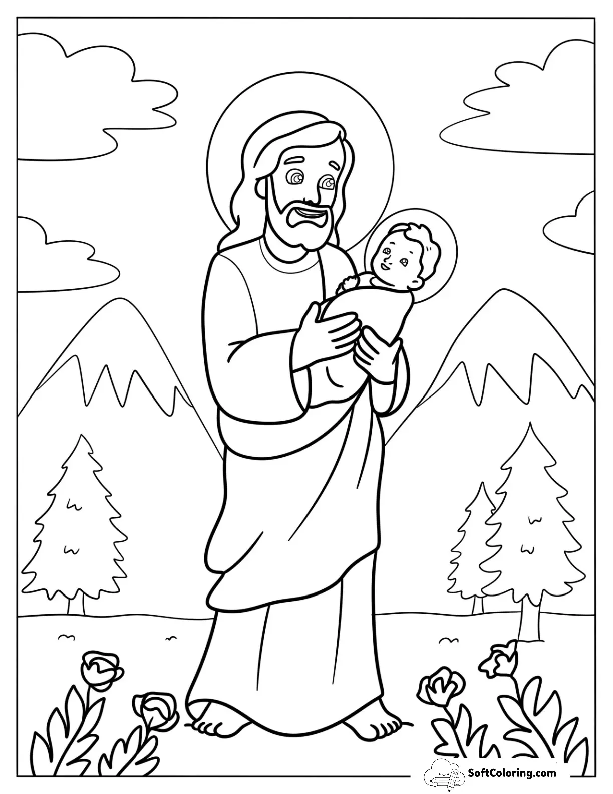 Jesus Coloring Page Cradling A Newborn Baby For Kids