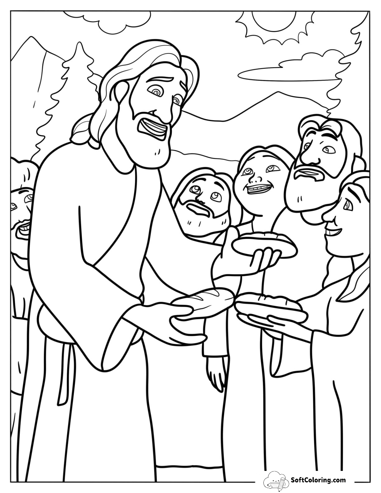 Jesus Coloring Page Distributing Food To His Followers
