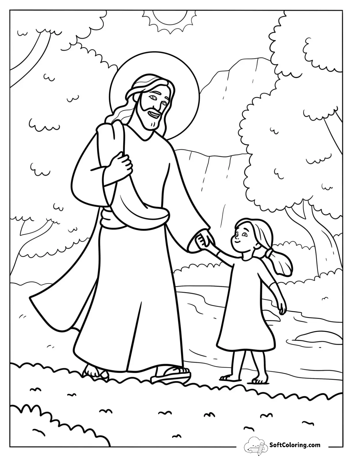 Jesus Coloring Page Walking With A Little Girl In Paradise