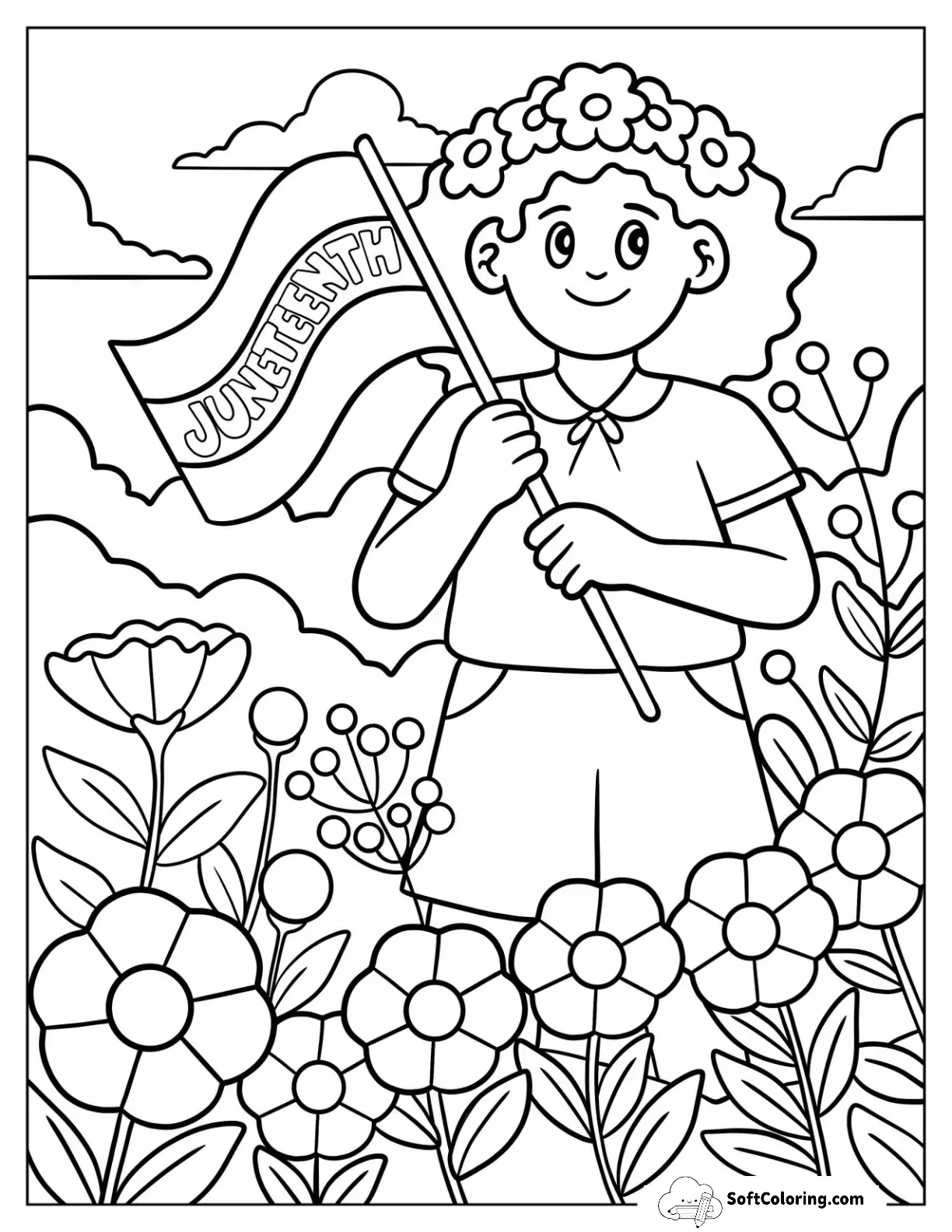 Joyful Child In Floral Meadow Waving Juneteenth Coloring Page Freedom Flag
