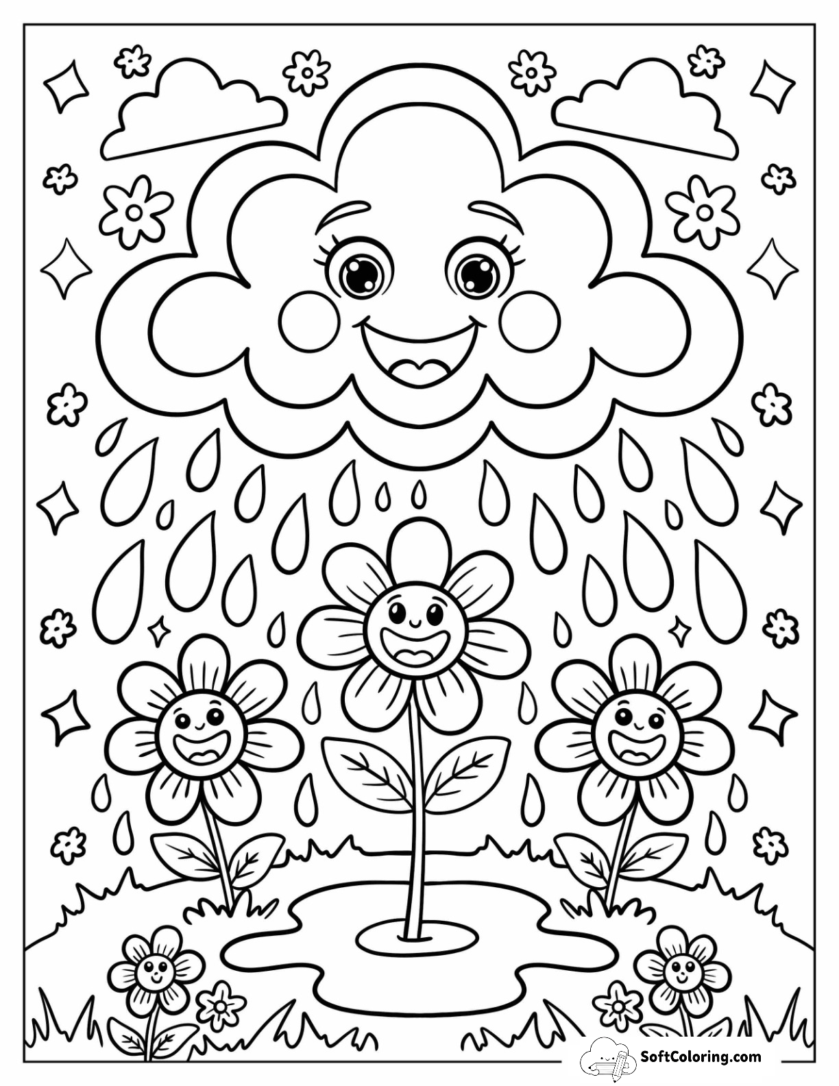 Joyful Cloud Watering Flowers With Rain And Sparkles