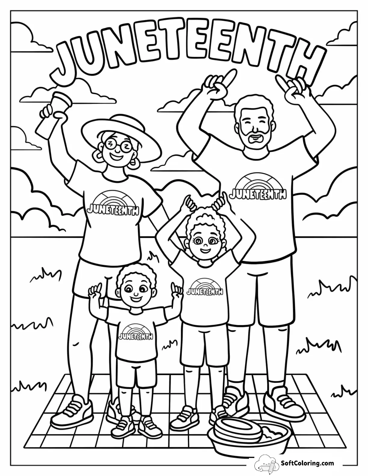 Joyful Family Raising Hands In A Picnic To Celebrate Juneteenth Coloring Page