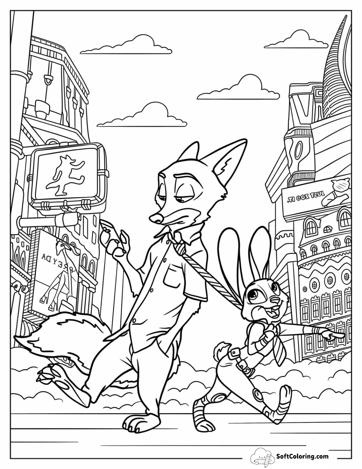 Zootopia Coloring Page Of Judy Hopps Pulling Nick Wilde By The Necktie
