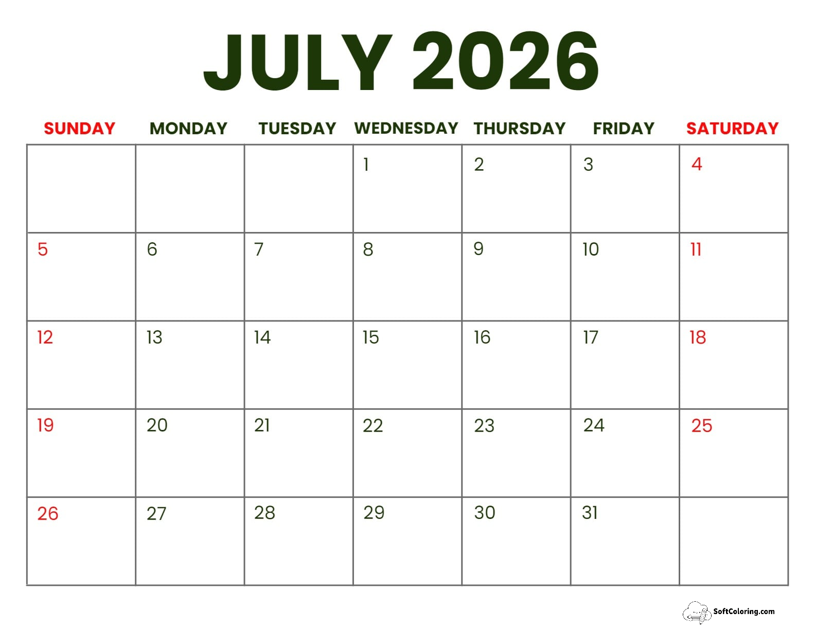 July 2026 Calendar Printable Business Landscape