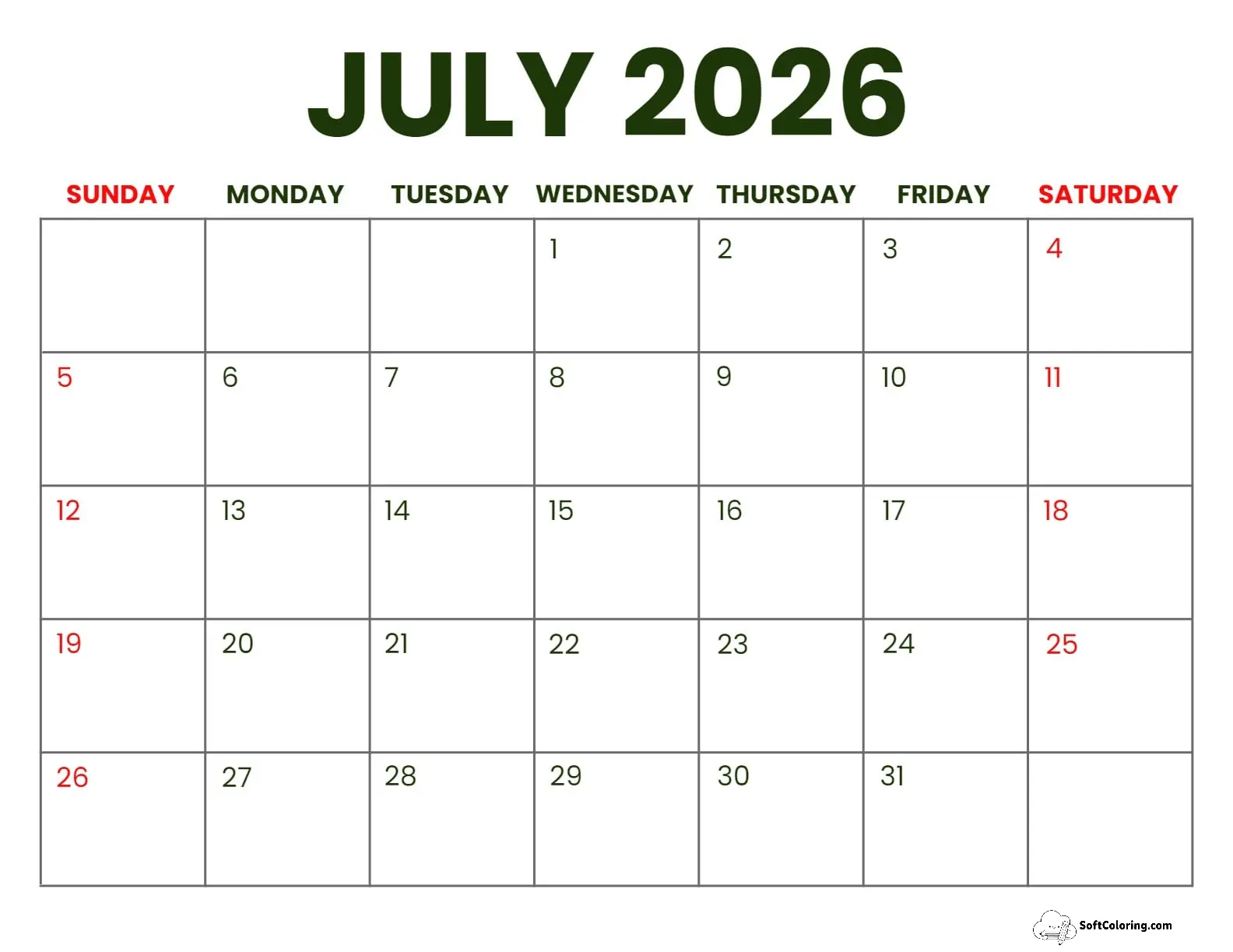 July 2026 Calendar Printable Business Landscape