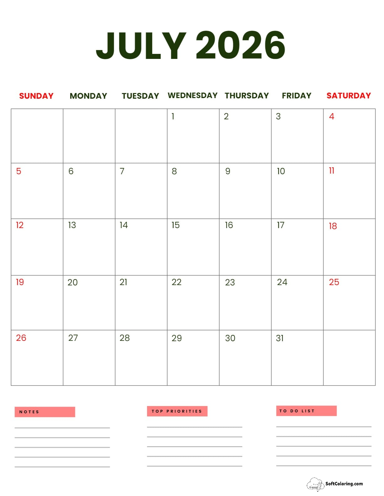 July 2026 Calendar Printable Business Portrait 2