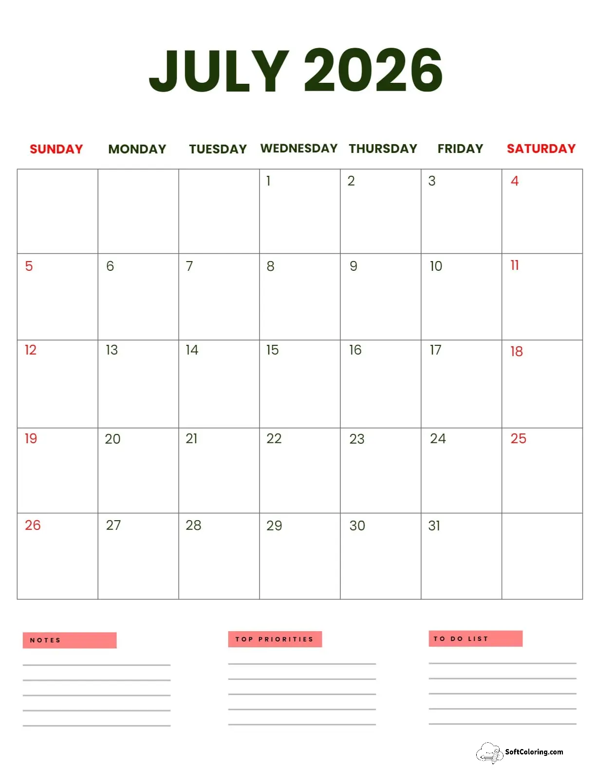 July 2026 Calendar Printable Business Portrait 2