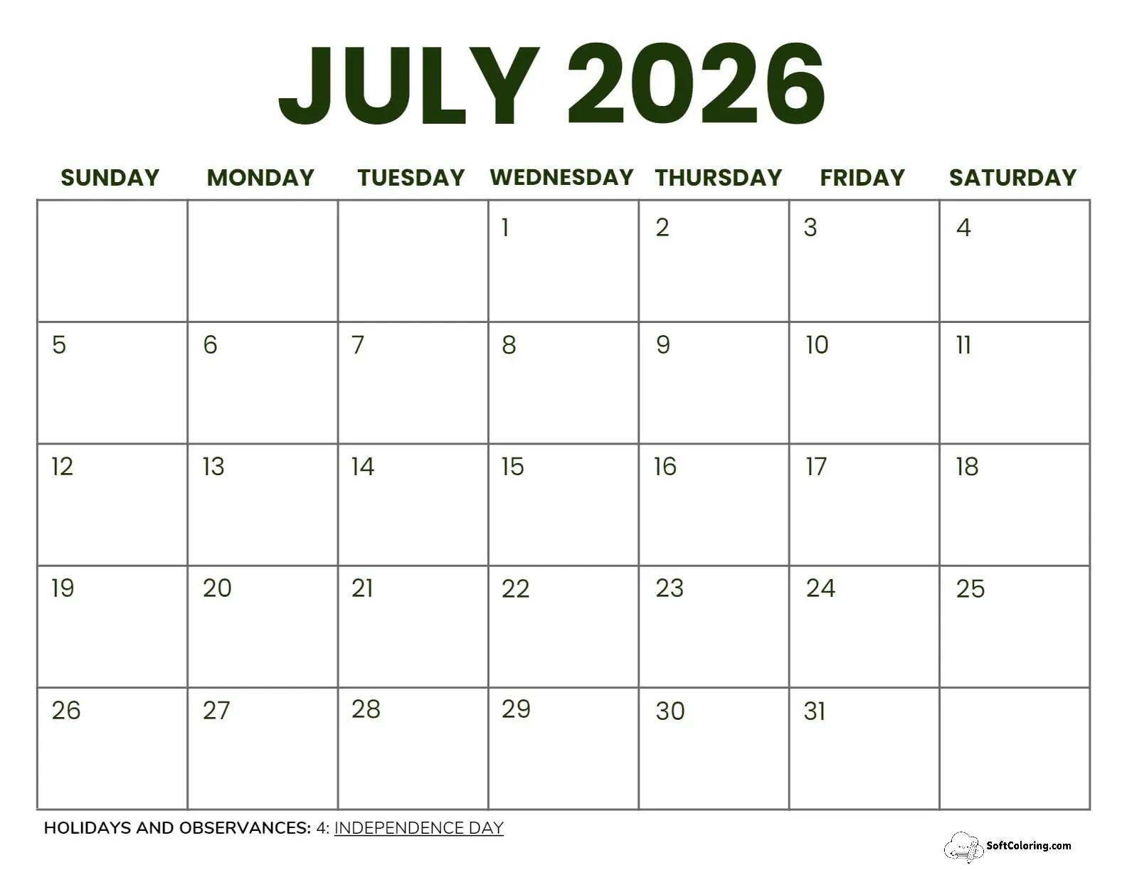 July 2026 Calendar Printable Business2 Landscape