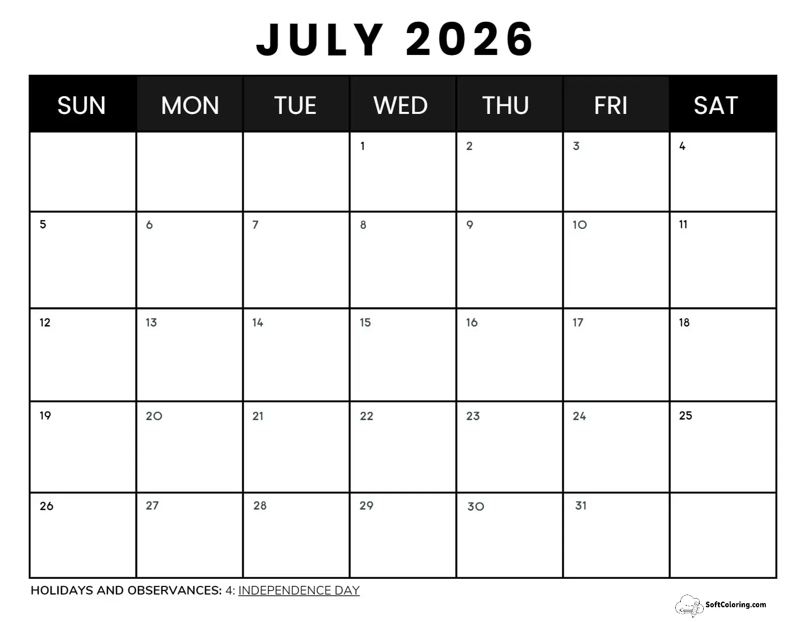 July 2026 Calendar Printable Business4 Landscape