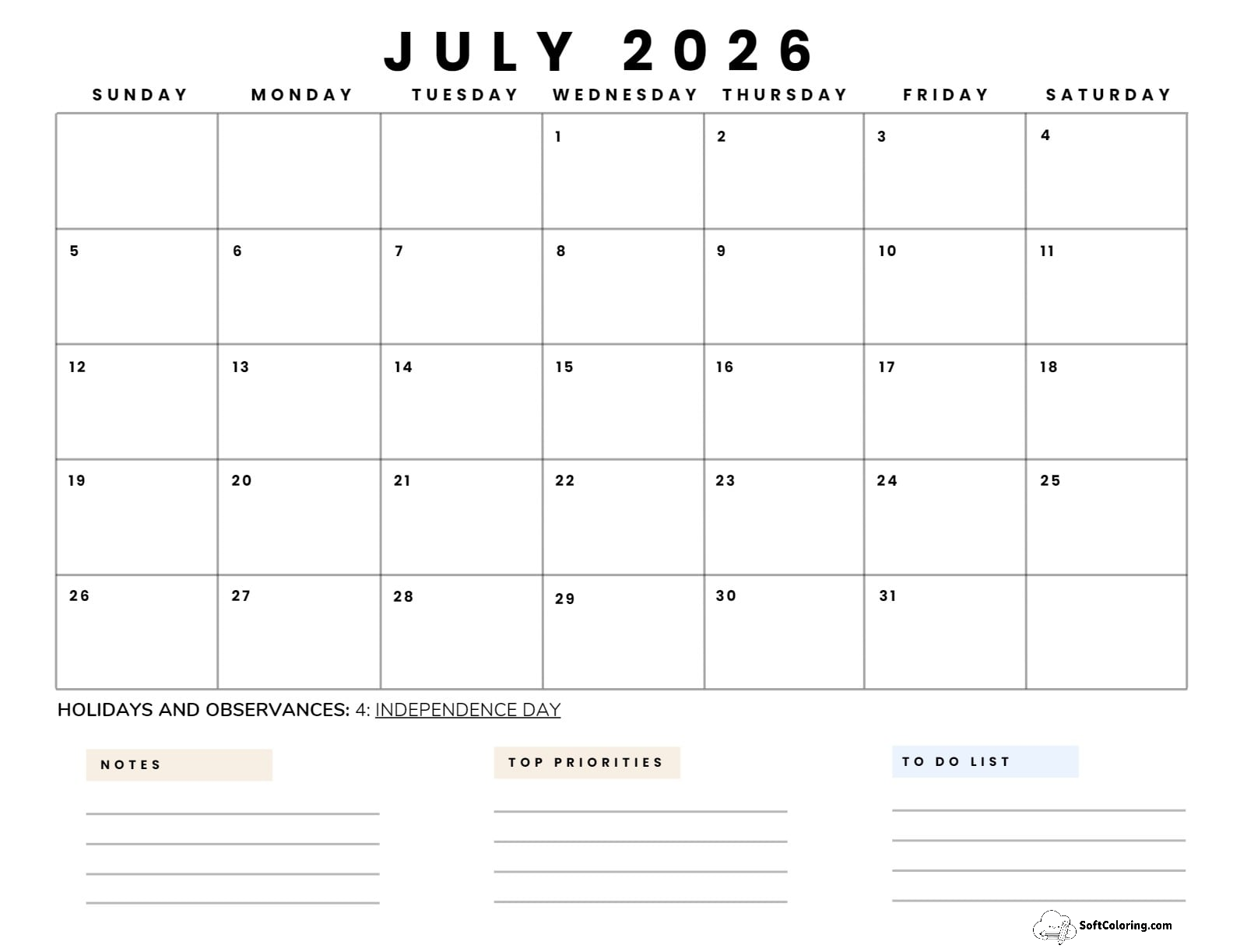 July 2026 Calendar Printable Business5 Landscape