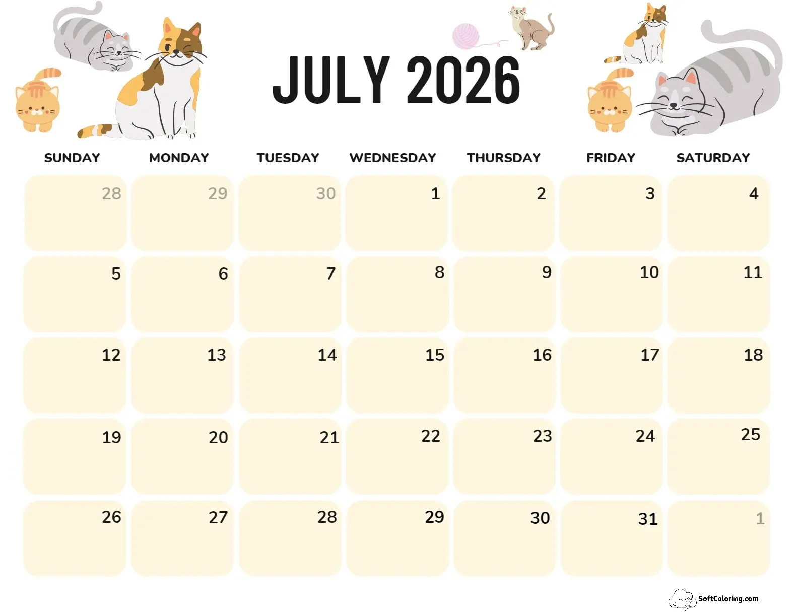 July 2026 Calendar Printable Cats Landscape